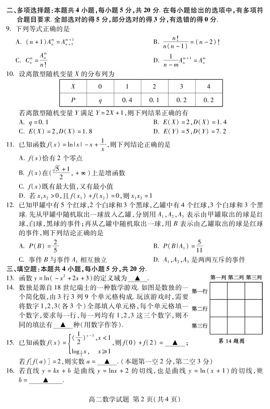 山东省泰安市2019-2020学年高二下学期期末考试数学试题（可编辑） PDF版含答案_第2页