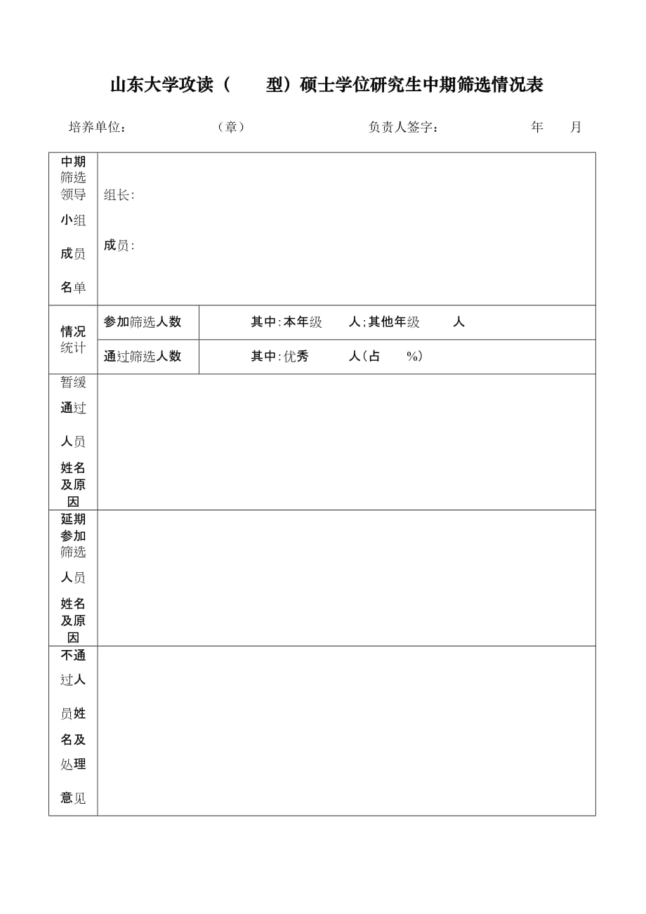 山东大学攻读（ 型）硕士学位研究生中期筛选情况表_第1页