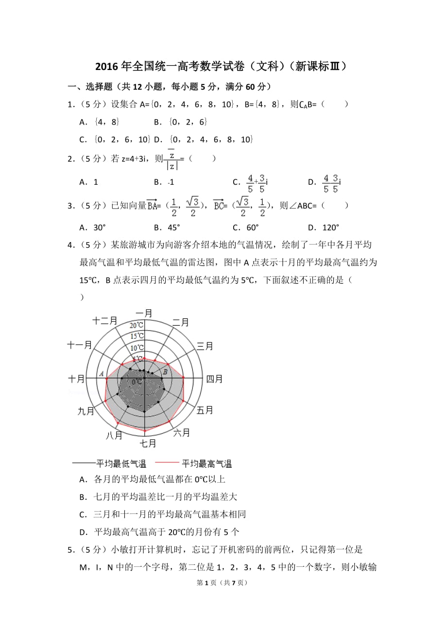 2016年全国统一高考数学试卷(文科)(全国三卷).doc_第1页