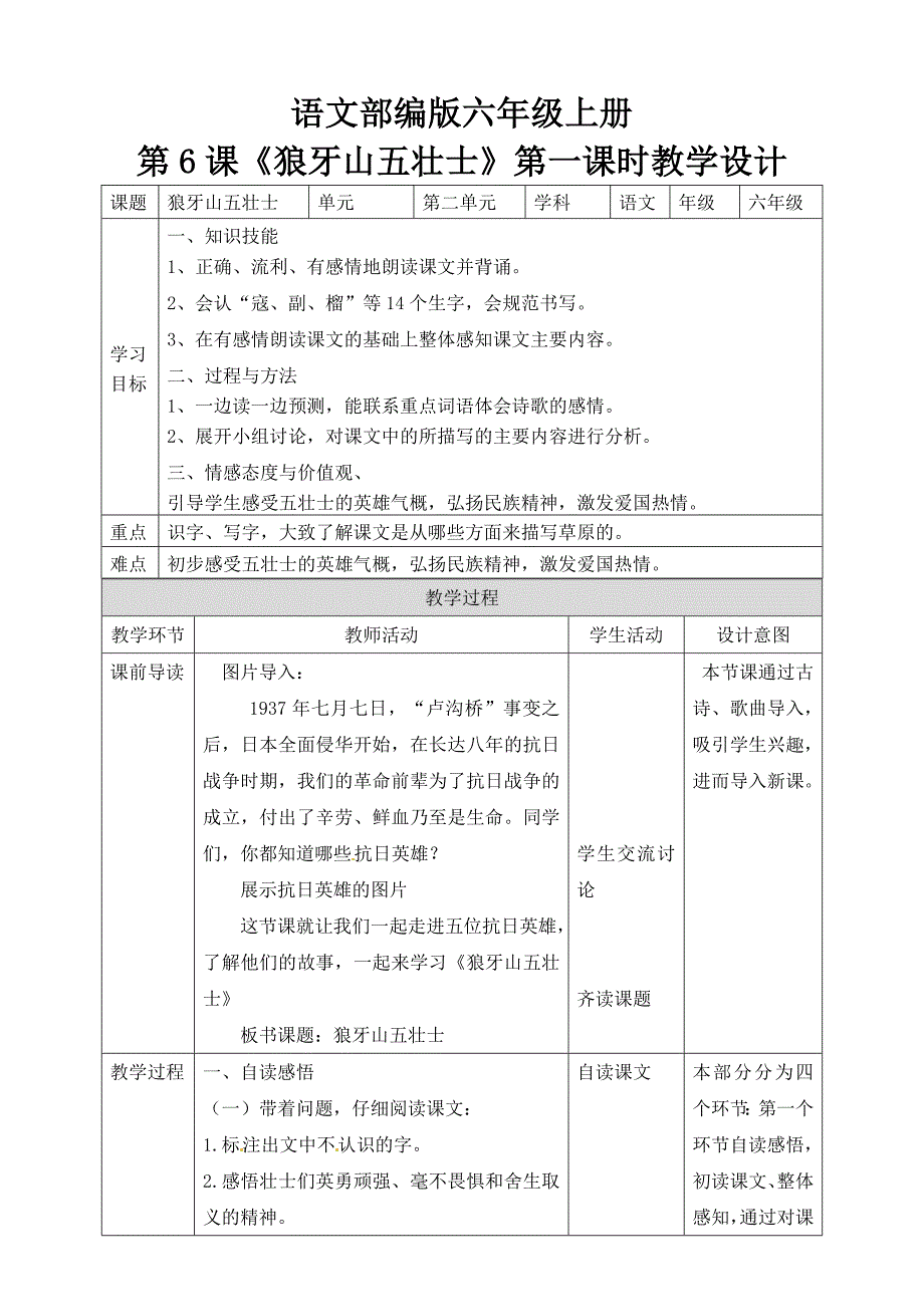 小学六年级上册《狼牙山五壮士》教案 部编版（配套课件+练习）_第1页