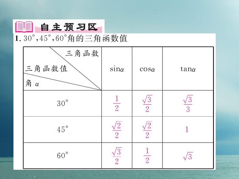 九年级数学下册第一章直角三角形的边角关系1.230&amp#176;45&amp#176;60&amp#176;角的三角函数值作业课件（新版）北师大版_第2页