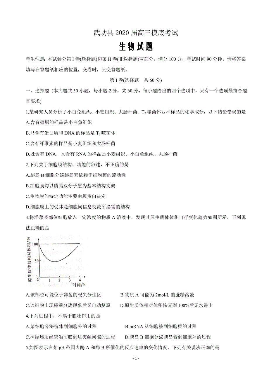 2020届陕西省咸阳市武功县高三上学期第一次模拟考试生物_第1页