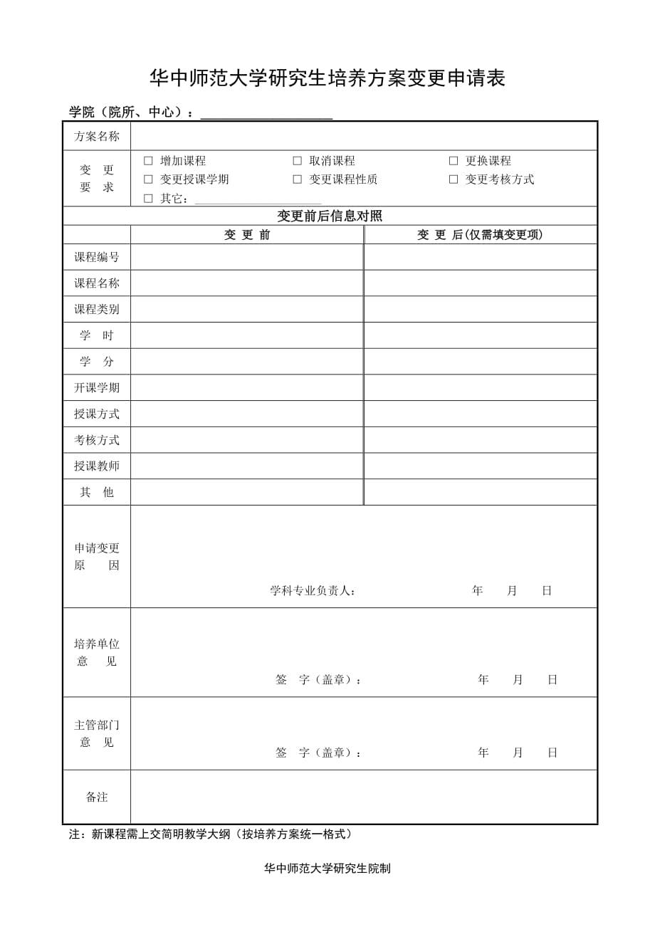 华中师范大学研究生培养方案变更申请表_第1页