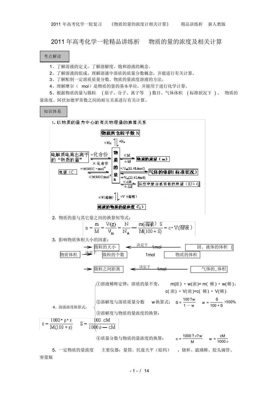 高考化学一轮复习《物质的量的浓计相关计算》精品讲练析新人教_第1页