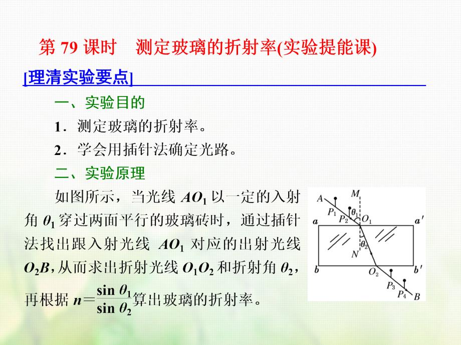 （新课标）2018年高考物理总复习 第十四章 波与相对论 第79课时 测定玻璃的折射率（实验提能课）课件 选修3-4_第1页