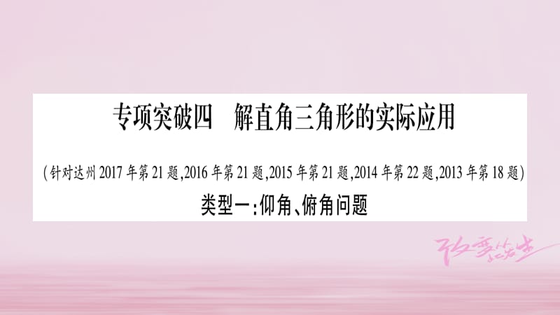 （达州专版）2018中考数学总复习 第二轮 中档题突破 专项突破4 解直角三角形的实际应用课件_第1页