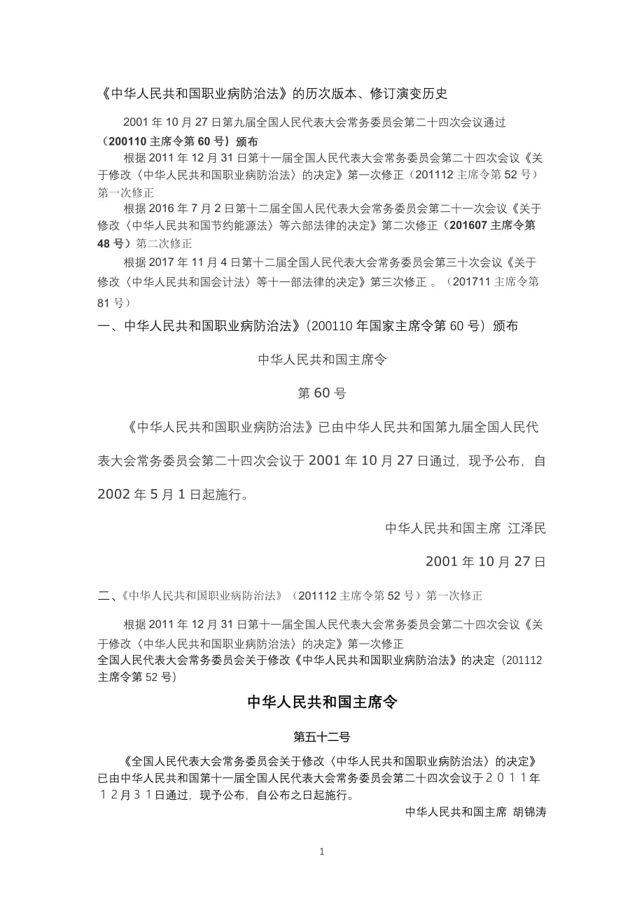 （2020年7月整理）中华人民共和国职业病防治法》的历次版本、修订演变历史.doc_第1页