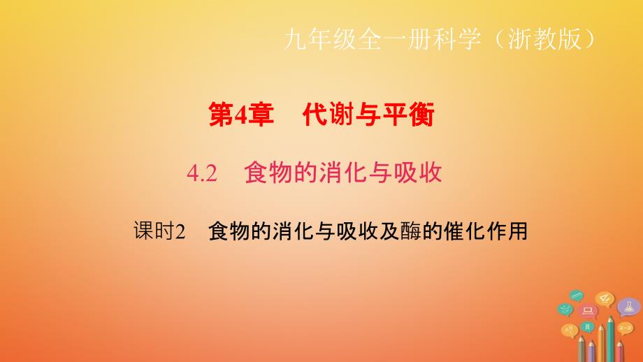 2017年秋九年级科学上册 4.2 食物的消化与吸收 课时2 食物的消化与吸收及酶的催化作用习题课件 （新版）浙教版_第1页