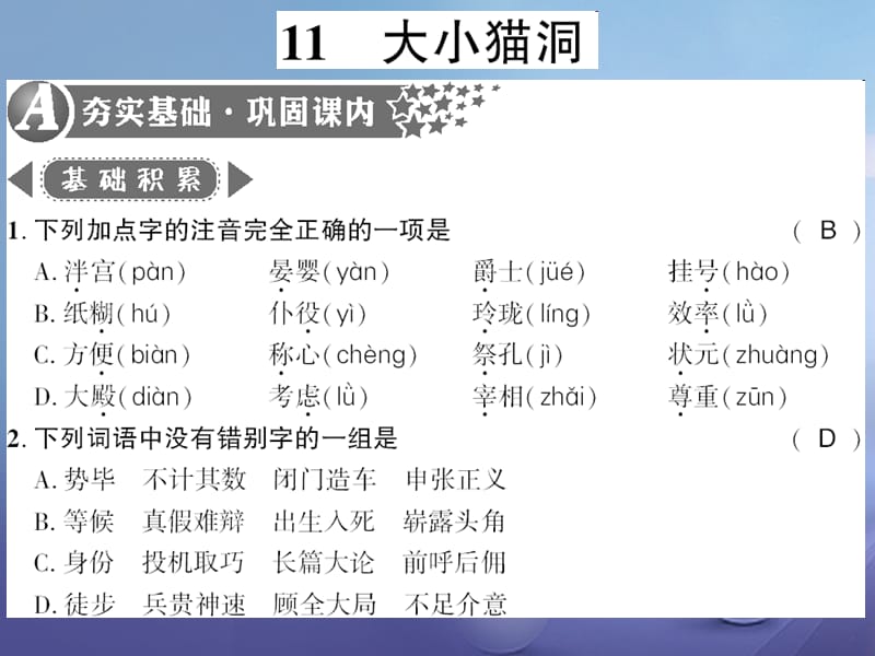 广西桂林市2017九年级语文上册 第三单元 11 大小猫洞习题课件 语文版_第1页