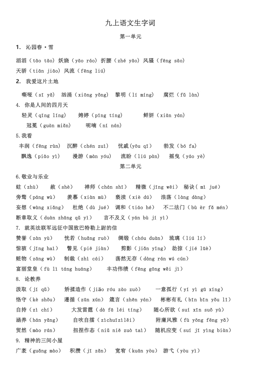 初中语文九年级上册生字词_第1页