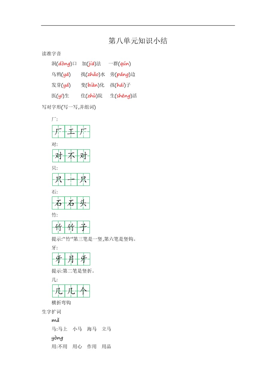 部编版小学语文一年级上册第八单元知识小结_第1页