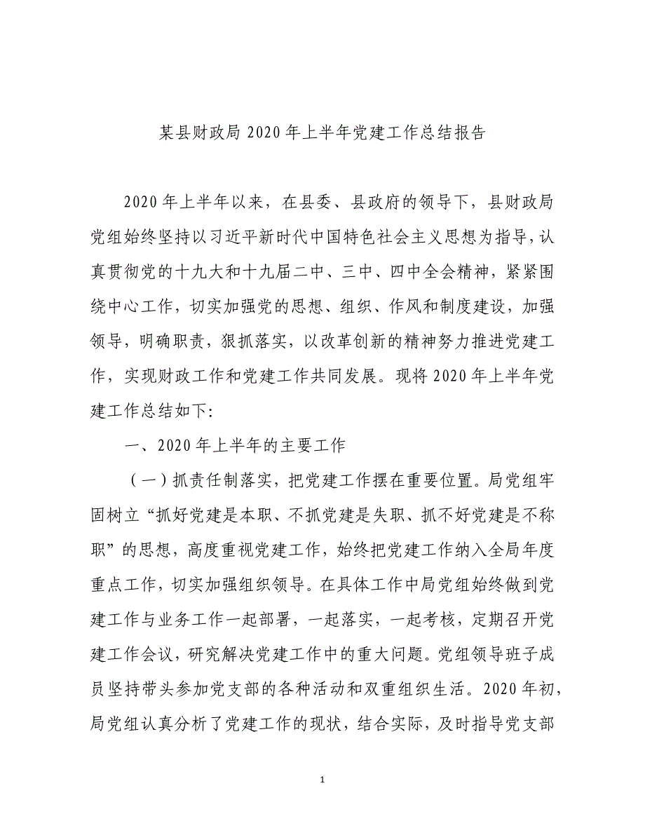 某县财政局2020年上半年党建工作总结报告_第1页