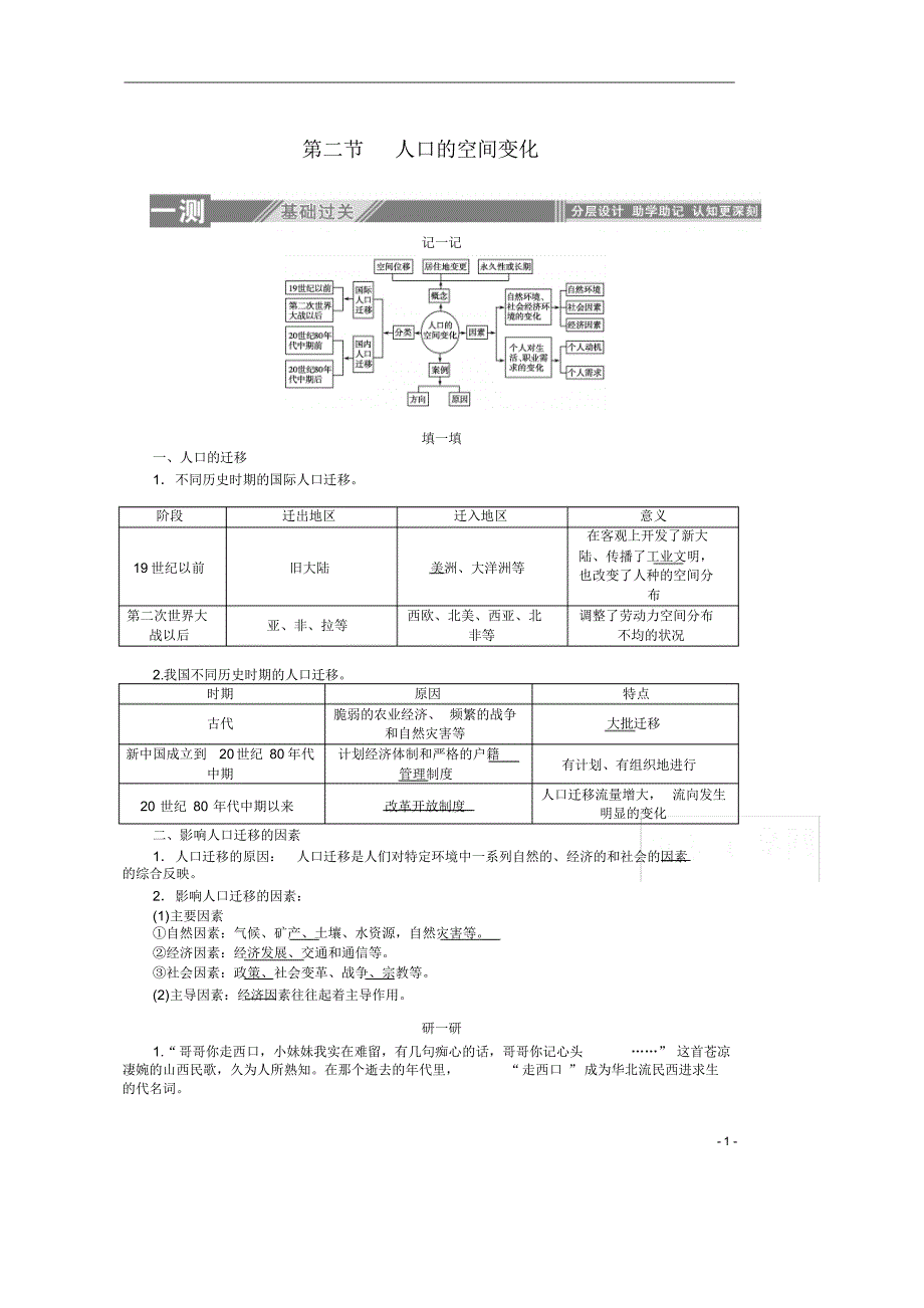 【精准解析】2019-2020学年高中地理人教版必修2一课三测：1.2+人口的空间变化_第1页