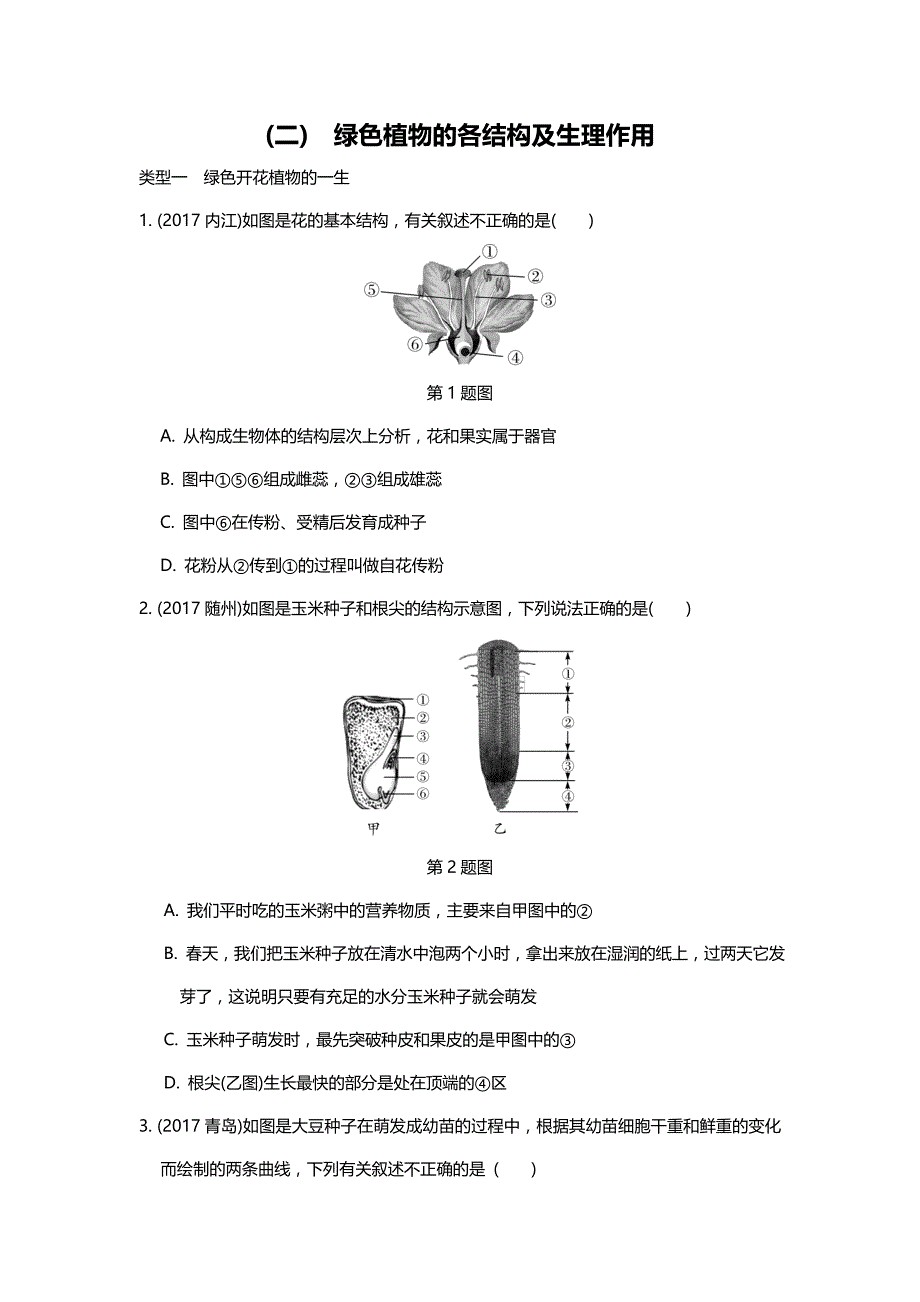 2019中考生物重难点突破--绿色植物的各结构及生理作用_第1页