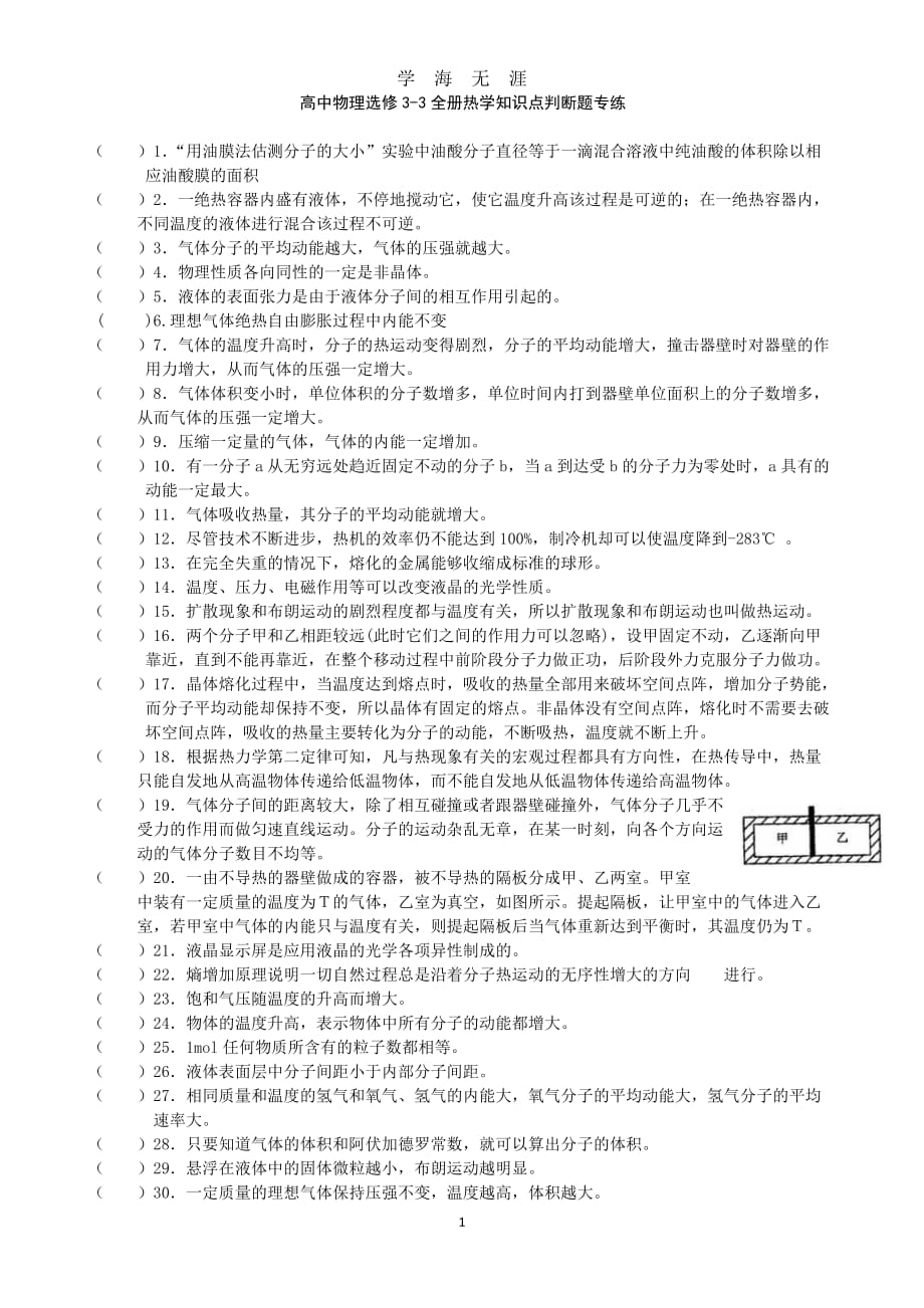 高中物理选修3热学知识点判断题（2020年九月整理）.doc_第1页