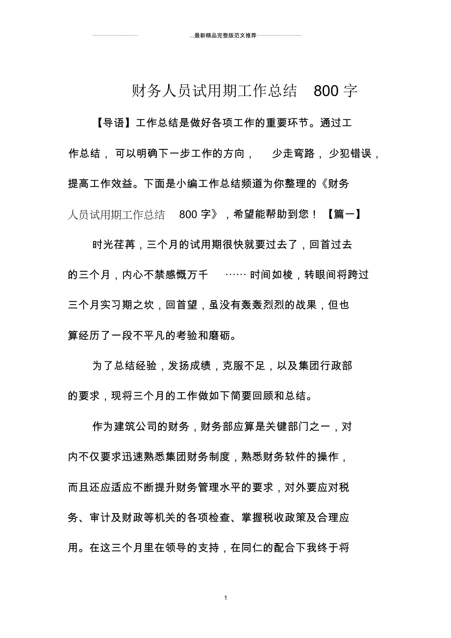 财务人员试用期精编工作总结800字_第1页