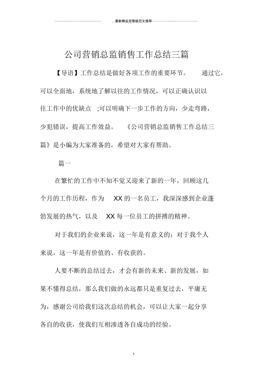 公司营销总监销售精编工作总结三篇_第1页