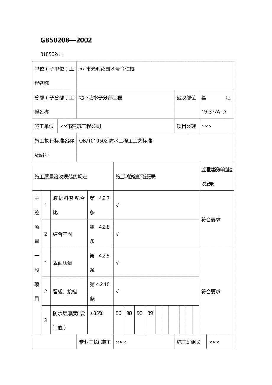 (2020年){生产管理知识}有用讲义之防水工程检验批填写范例_第5页