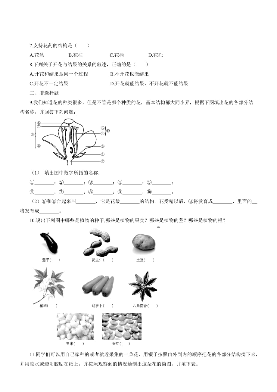 2019年苏教版七年级上生物5-5植物的开花和结果同步练习【含答案】_第2页