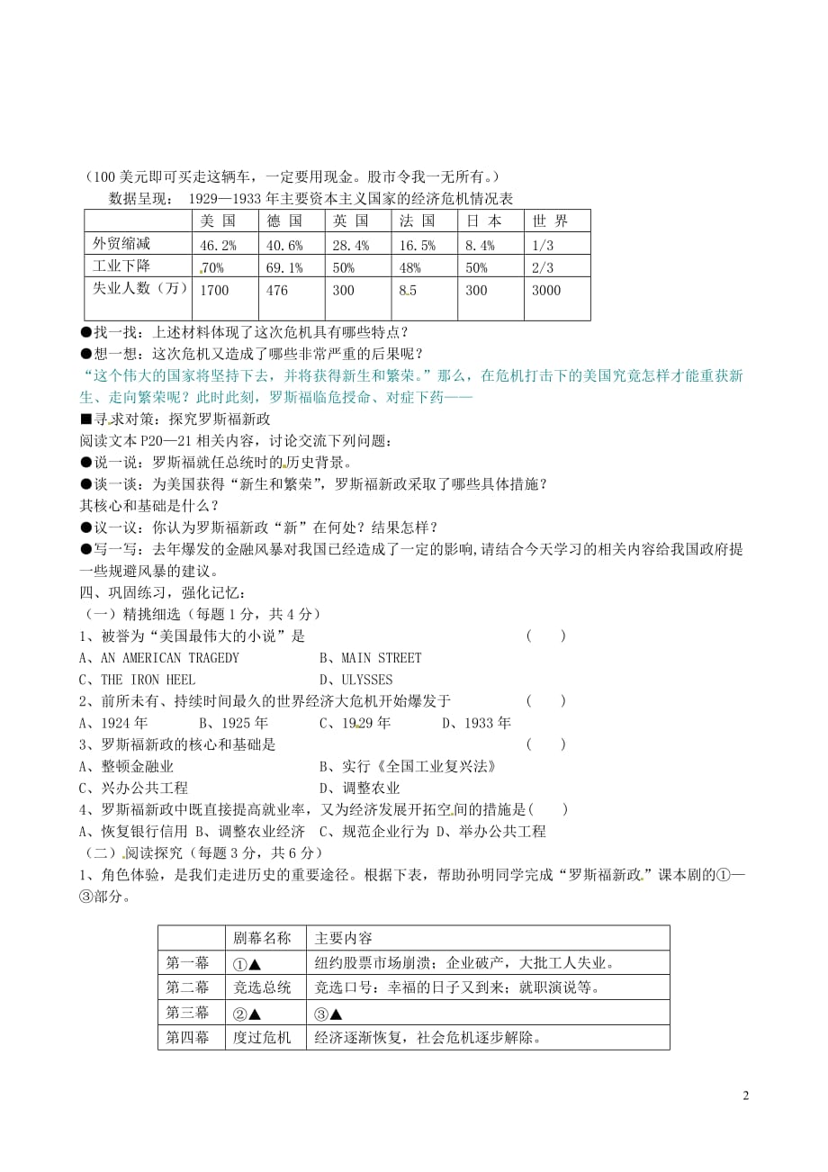 安徽省濉溪县城关中心学校九年级历史下册第4课“大危机”与“新政”导学案（无答案）北师大版.doc_第2页