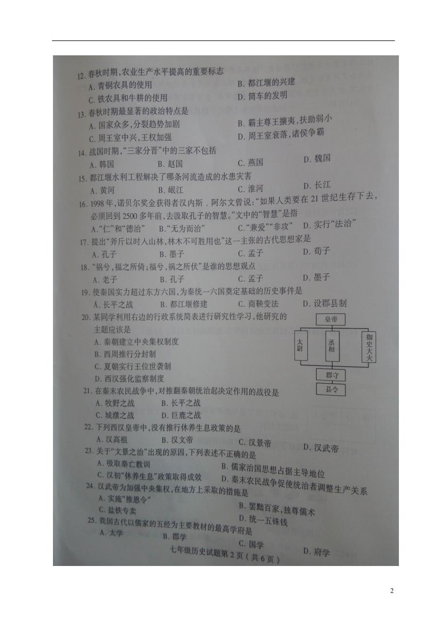 山东省临沂市费县2016_2017学年七年级历史上学期期中试题（扫描版）新人教版.doc_第2页