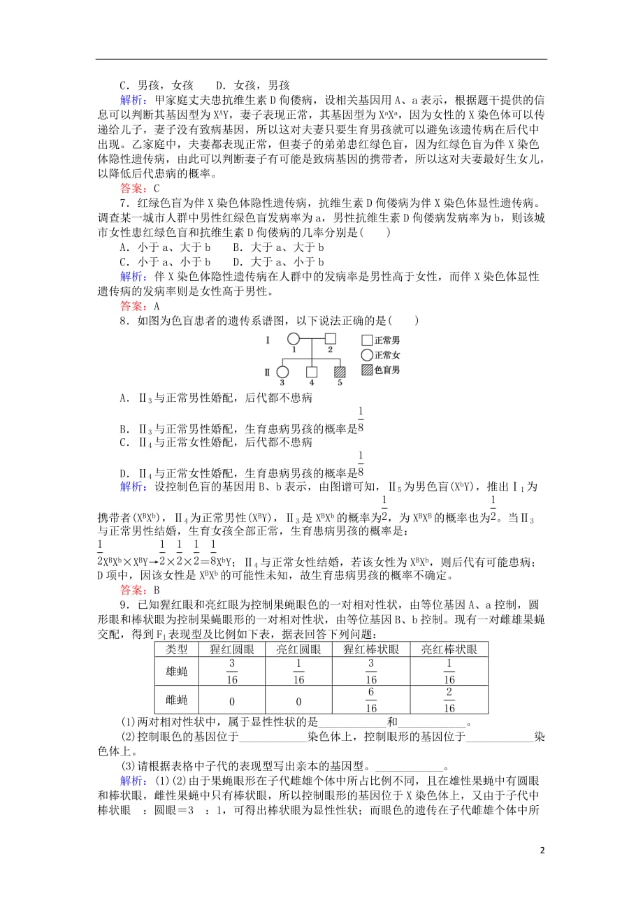 高中生物第二章基因和染色体的关系2.3.1人类红绿色盲症伴性遗传的特点基础巩固练新人教必修2_第2页