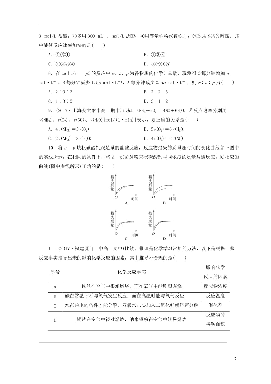 高中化学专题2化学反应与能量转化第一单元化学反应速率与反应限度第1课时化学反应速率课时作业苏教版必修2_第2页