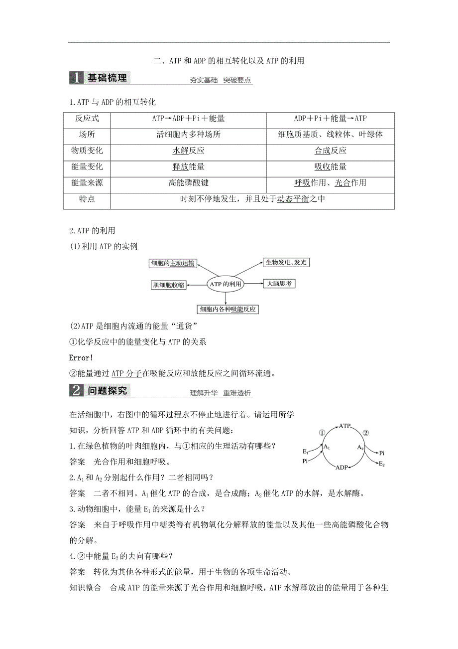 高中生物第5章细胞的能量供应和利用第2节细胞的能量通货ATP学案新人教必修1_第3页