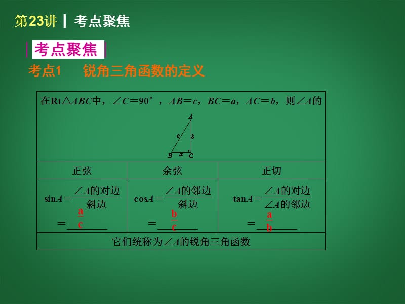 中考数学第一轮夯实基础《第23讲 锐角三角函数》（课本回归+考点聚焦+典例题解析）课件 苏科版_第2页