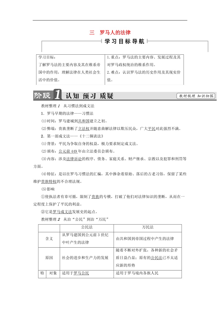 高中历史专题6古代希腊罗马的政治文明3罗马人的法律教师用书人民必修1_第1页