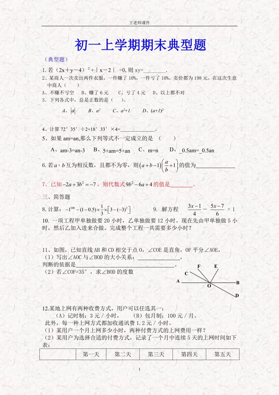 初一数学期末测试题必考题_第1页