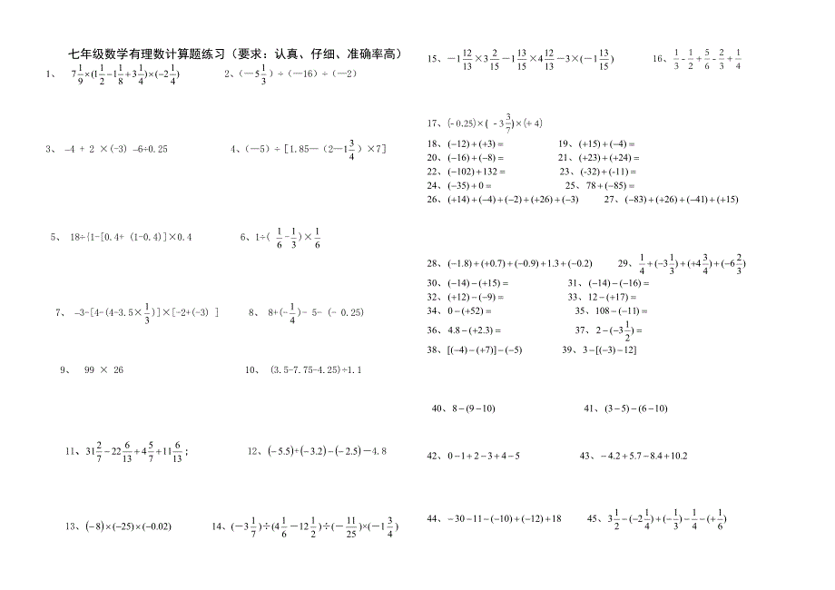 新人教版七年级上数学有理数计算100题_第1页