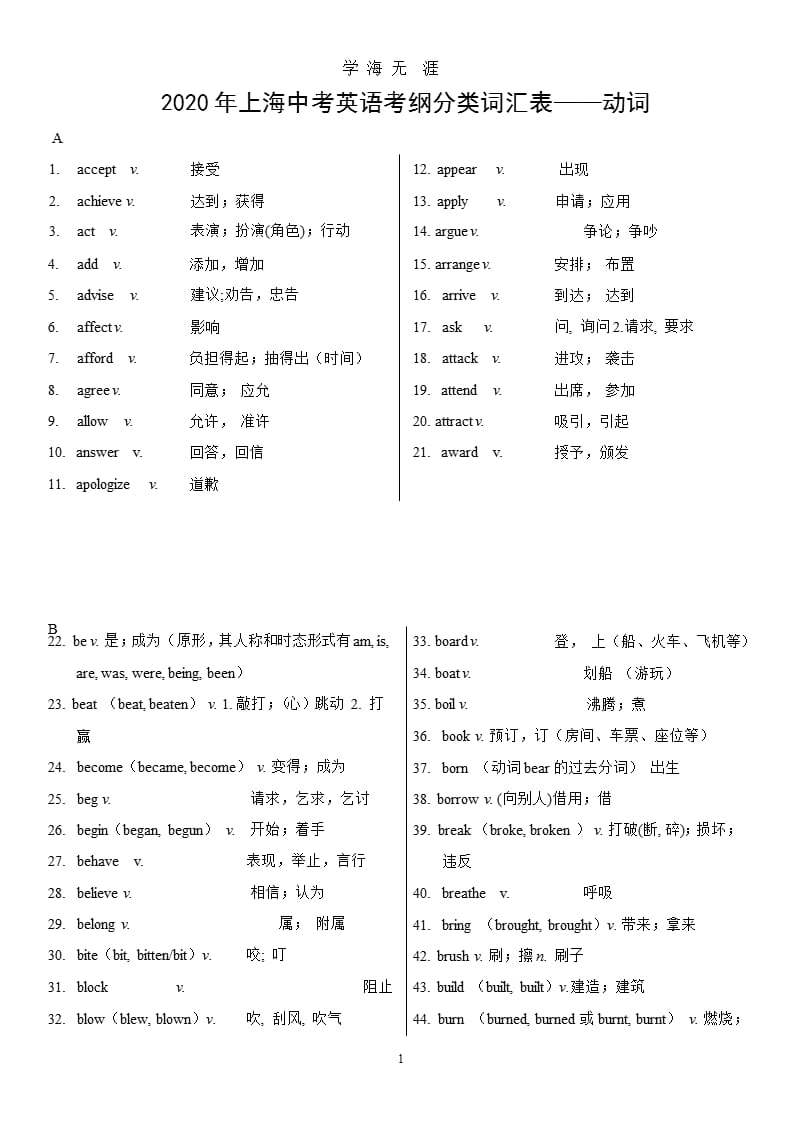 上海中考英语考纲词汇分类表(动词)（9月11日）.pptx_第1页