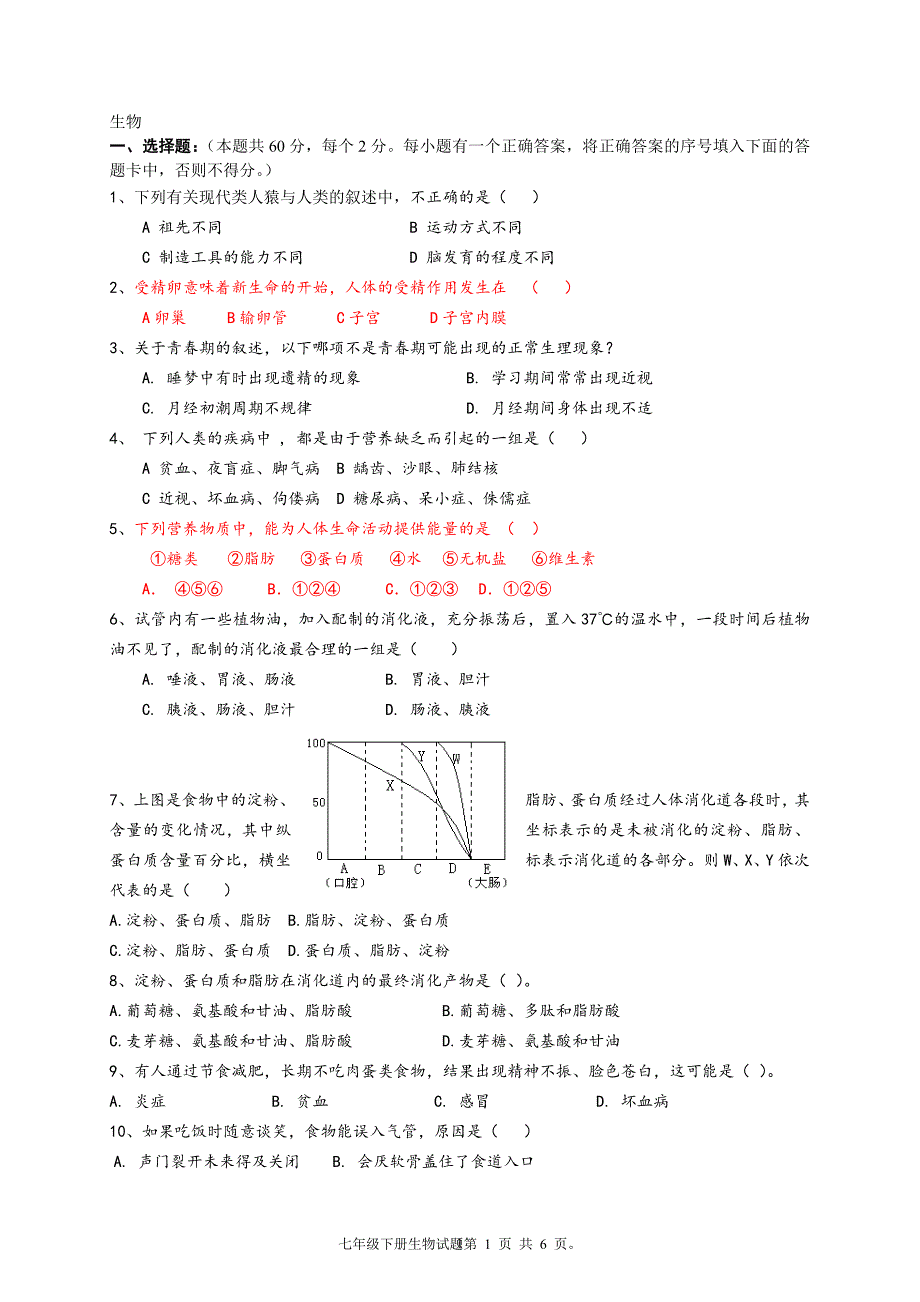 新人教版初中七年级下册生物期末测试试题含答案_第1页