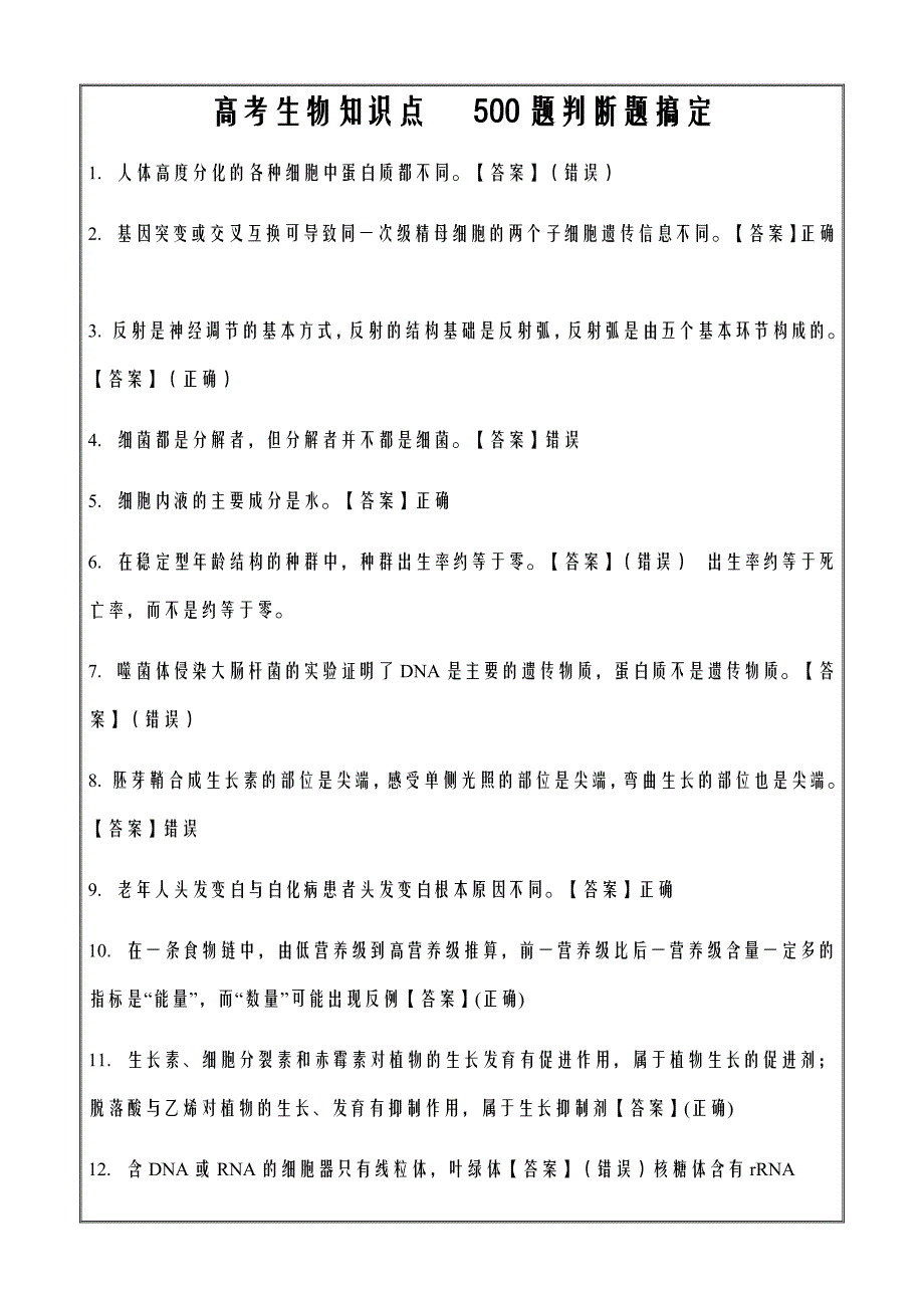 高考生物知识点 500题判断题搞定_第1页