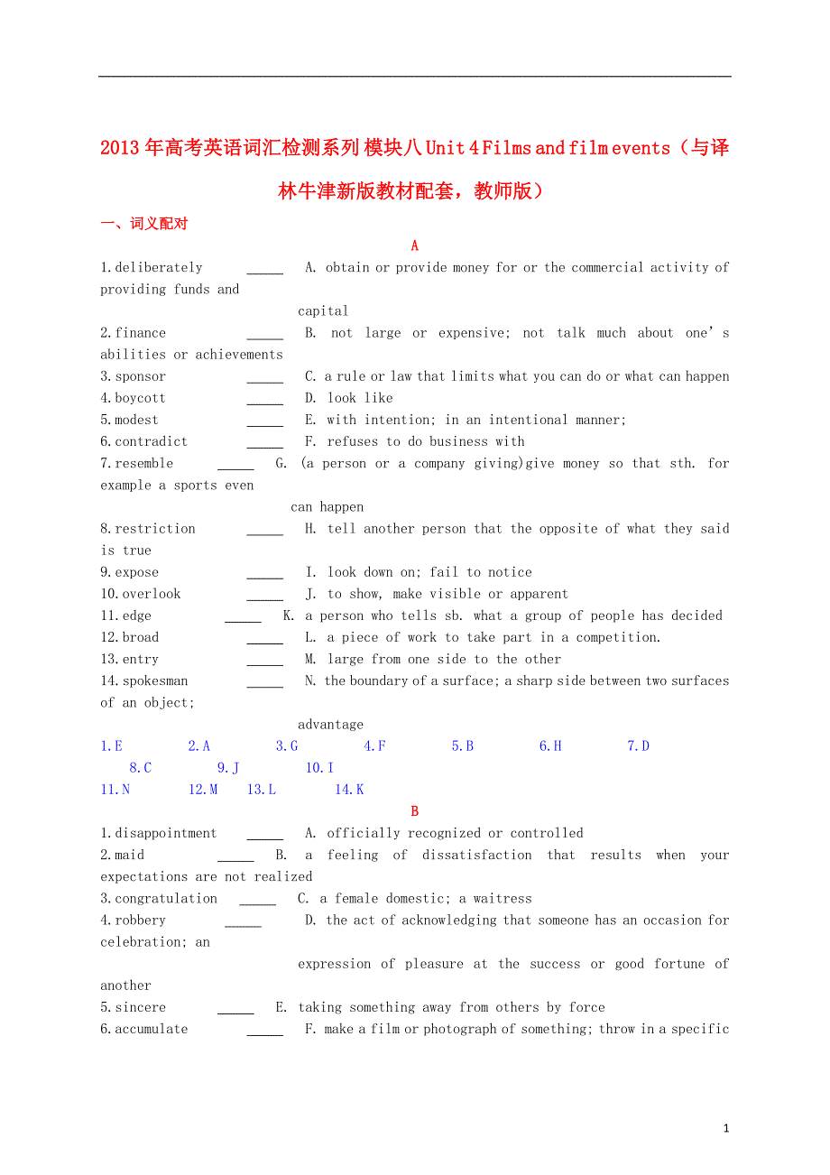 高考英语 新教材配套词汇检测系列 模块八 Unit 4 Films and film events（教师版） 译林牛津版_第1页