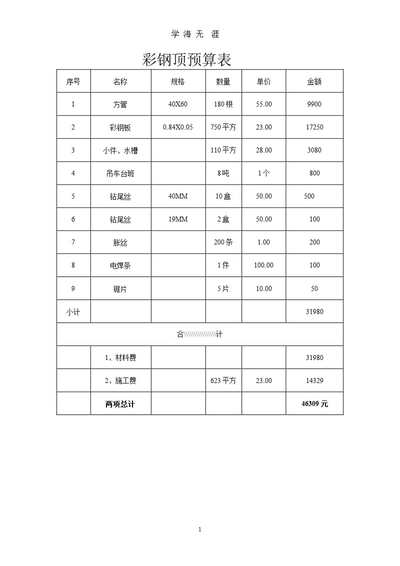 彩钢顶预算表（9月11日）.pptx_第1页