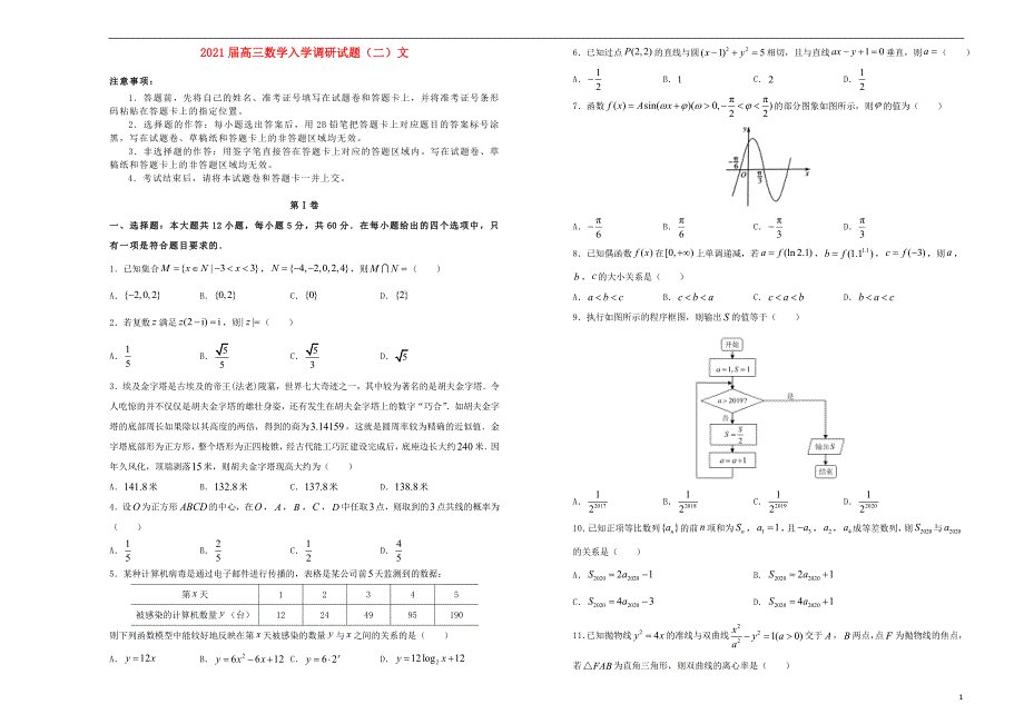 2021届高三数学入学调研试题二文_第1页