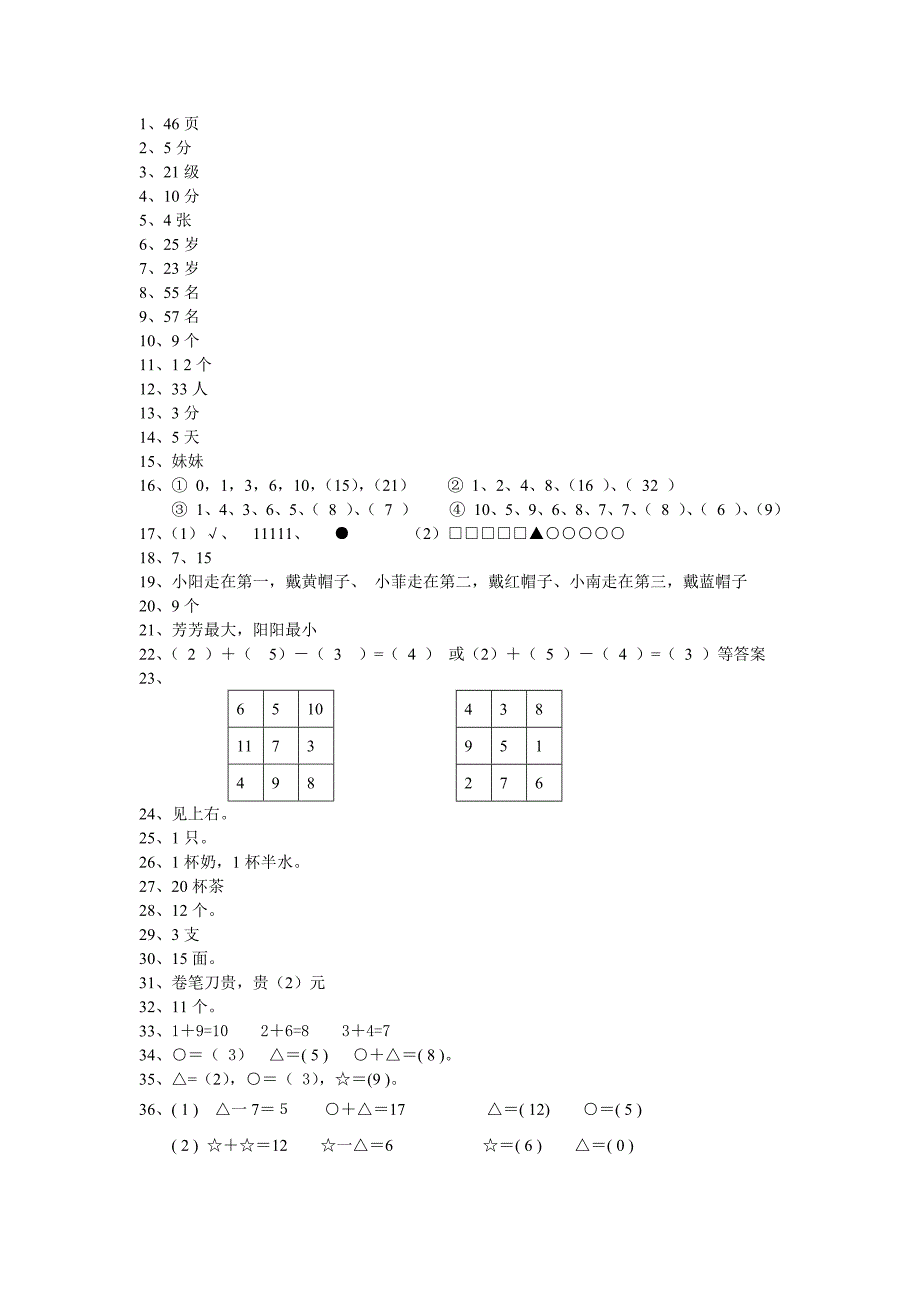 小学一年级数学思维训练50题答案（最新精选编写）-（最新版-已修订）_第1页