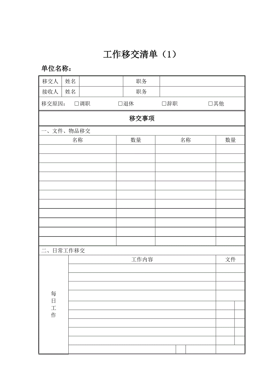 工作交接清单——标准模板-交接单表格-（最新版）_第1页