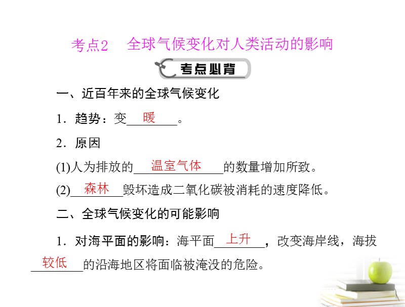 高考地理学业水平测试复习 专题四 考点2 全球气候变化对人类活动的影响课件 新人教版必修1_第1页