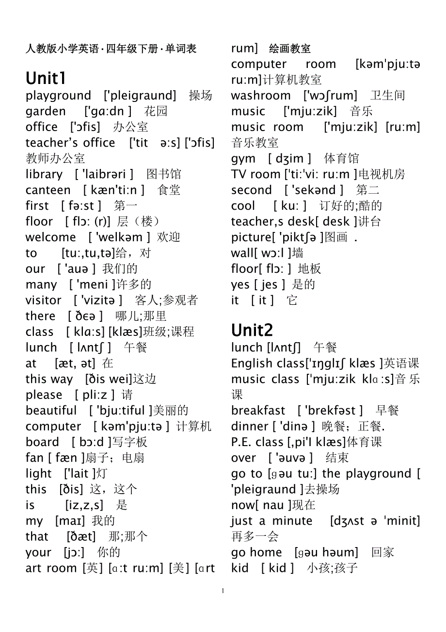 人教版pep小学英语四年级下册单词表(带有音标)-（最新版-已修订）_第1页