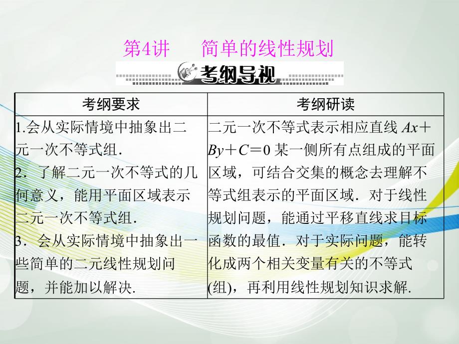 【南方新课堂】高考数学一轮总复习 （基础轻过关 考点巧突破）第五章 第4讲 简单的线性规划课件 理 新人教版_第1页