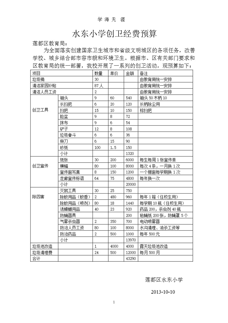 水东小学创卫经费预算（9月11日）.pptx_第1页