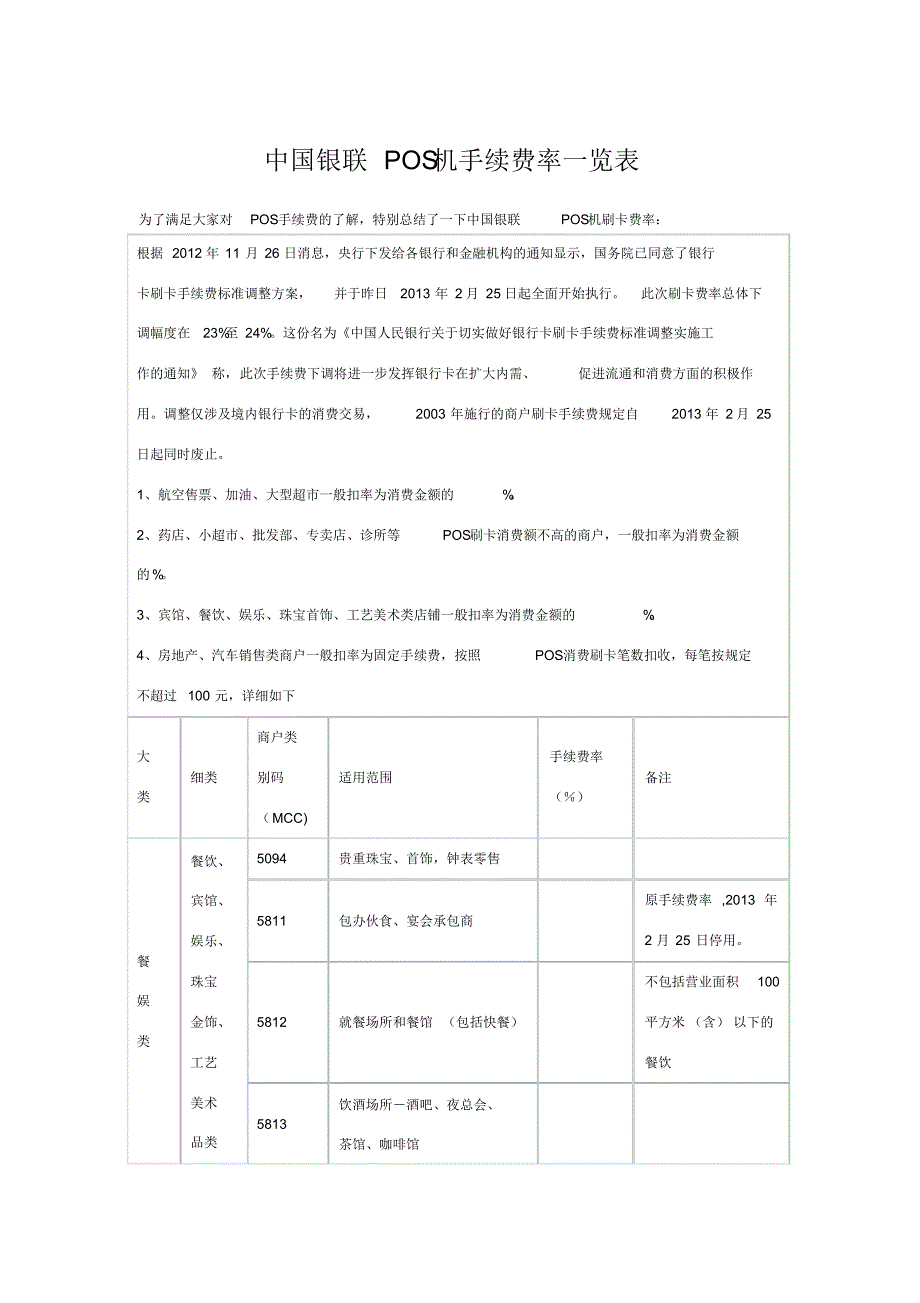 各行业POS机刷卡费率统计表-（最新版）_第1页