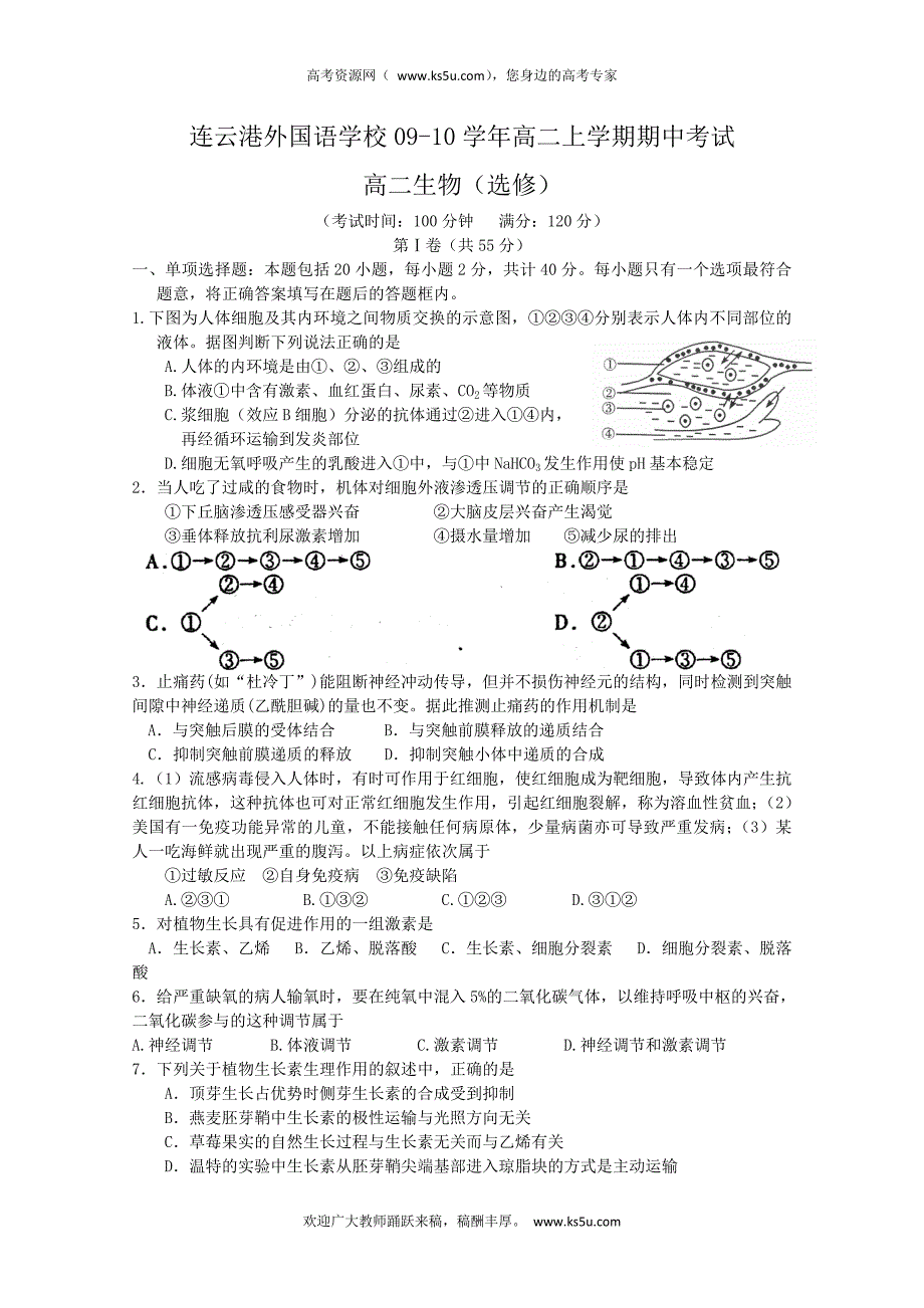 江苏省连云港外国语学校09-10学年高二上学期期中考试(生物选修)缺答案.doc_第1页