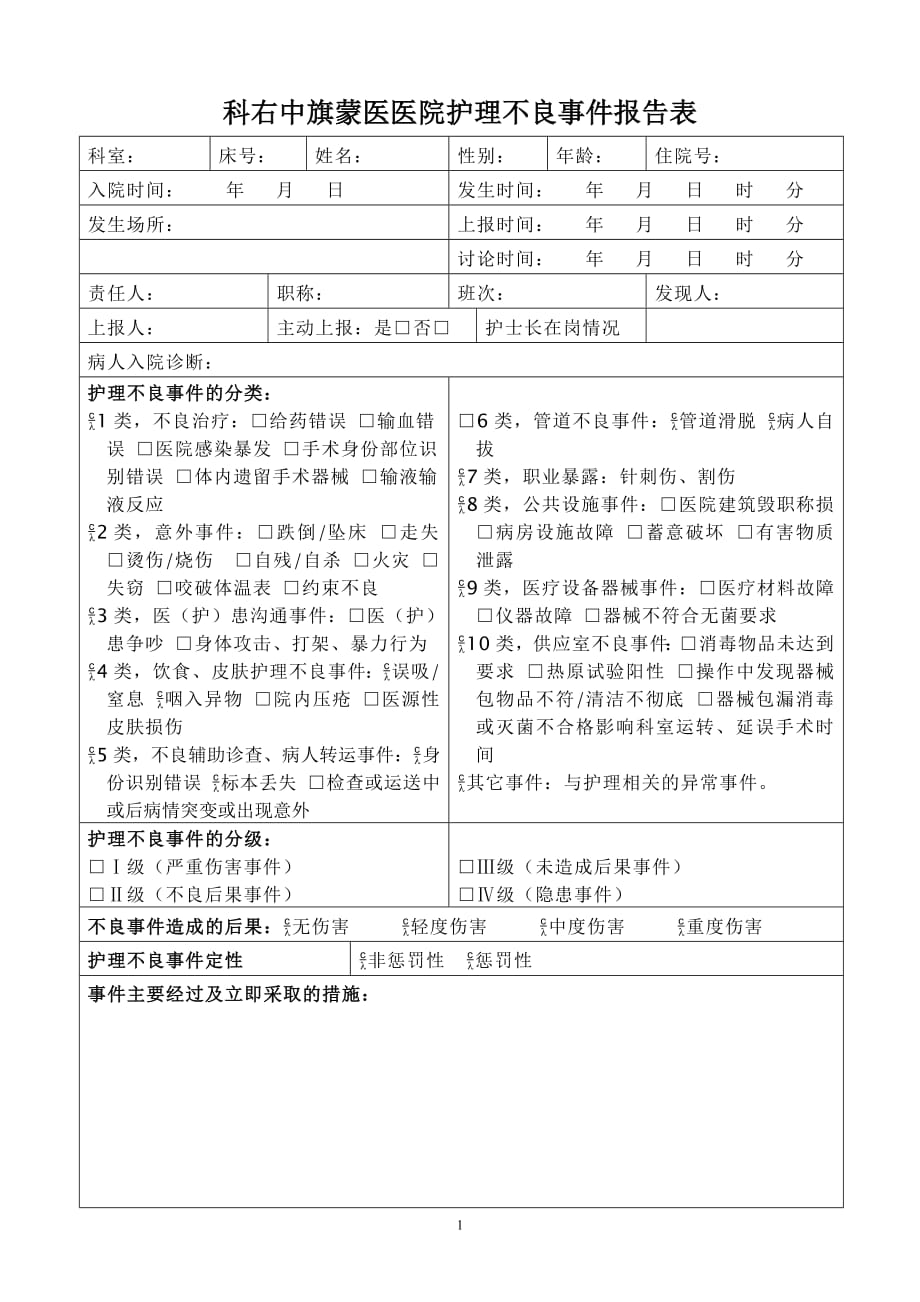 1225编号最新护理不良事件报告表_第1页