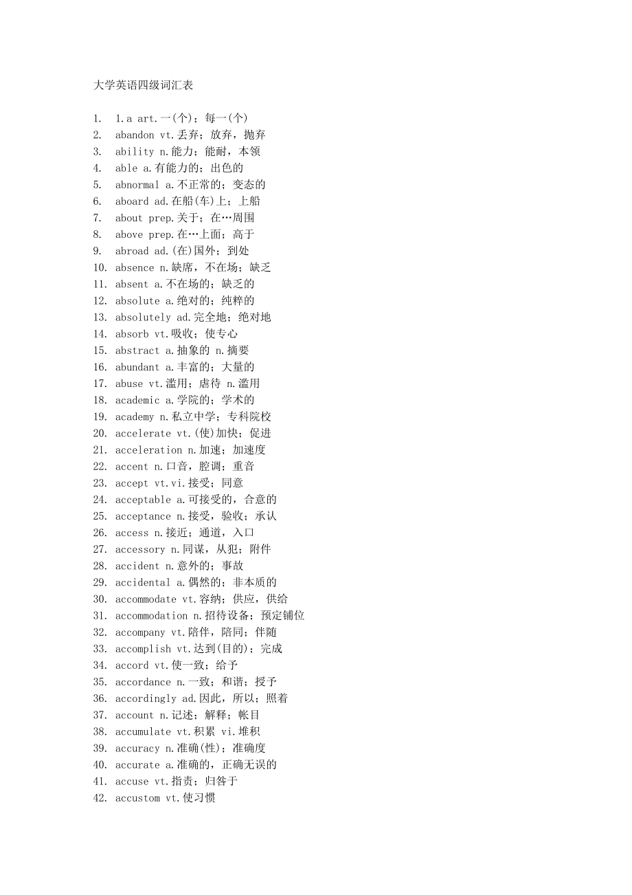 绝对完整的大学英语四级词汇表Word版._第1页