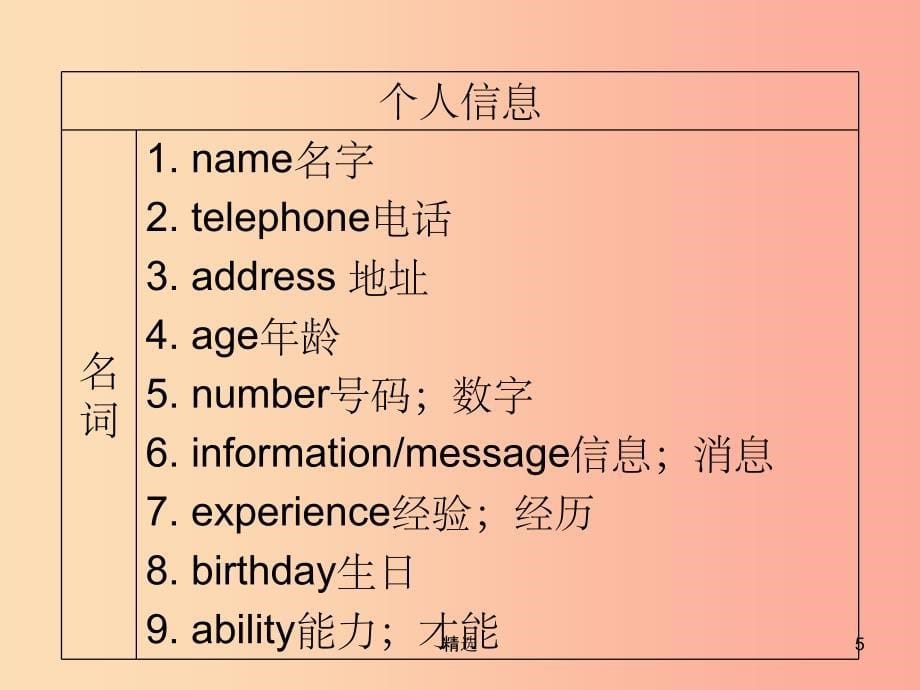 广东省201X年中考英语总复习第3部分话题专项突破第1节个人情况6年0考课件外研版_第5页