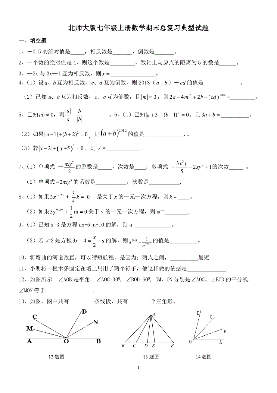 北师大版七年级上册数学期末总复习典型试题-_第1页